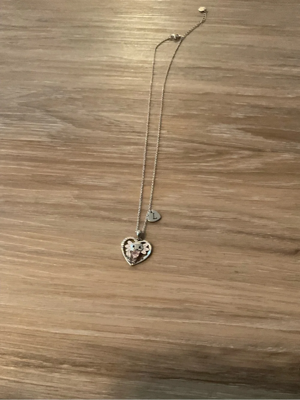 Silver Heart Pendant Necklace with a cute pink axolotl